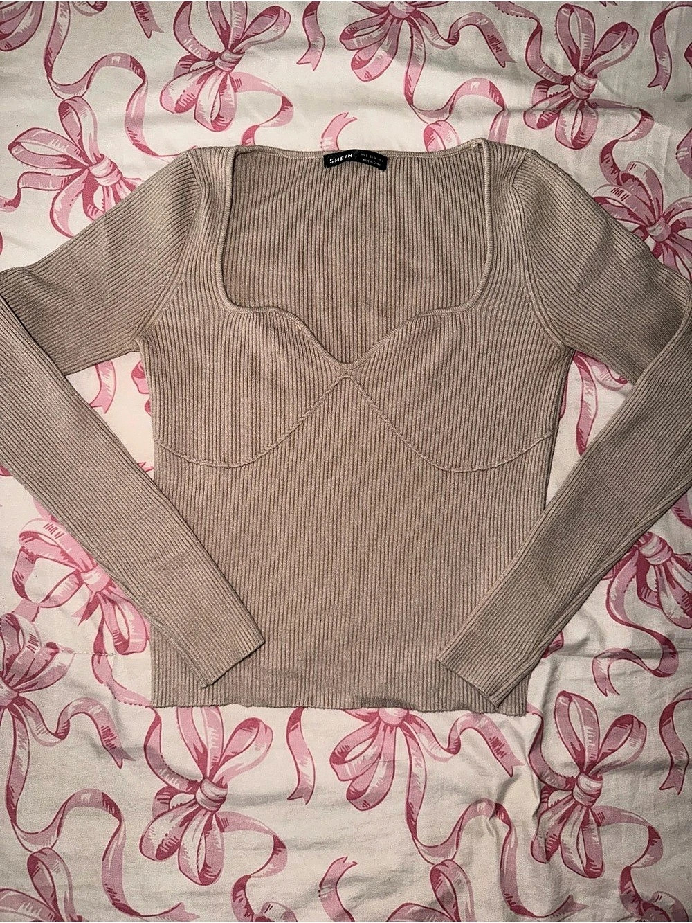 SHEIN Sweetheart Neck Ribbed Knit Top Brown - Size S
